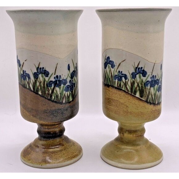 2 VTG Otagiri Tall Irish Coffee Mugs Footed with Blue/Purple Irises Stoneware - Picture 3 of 10